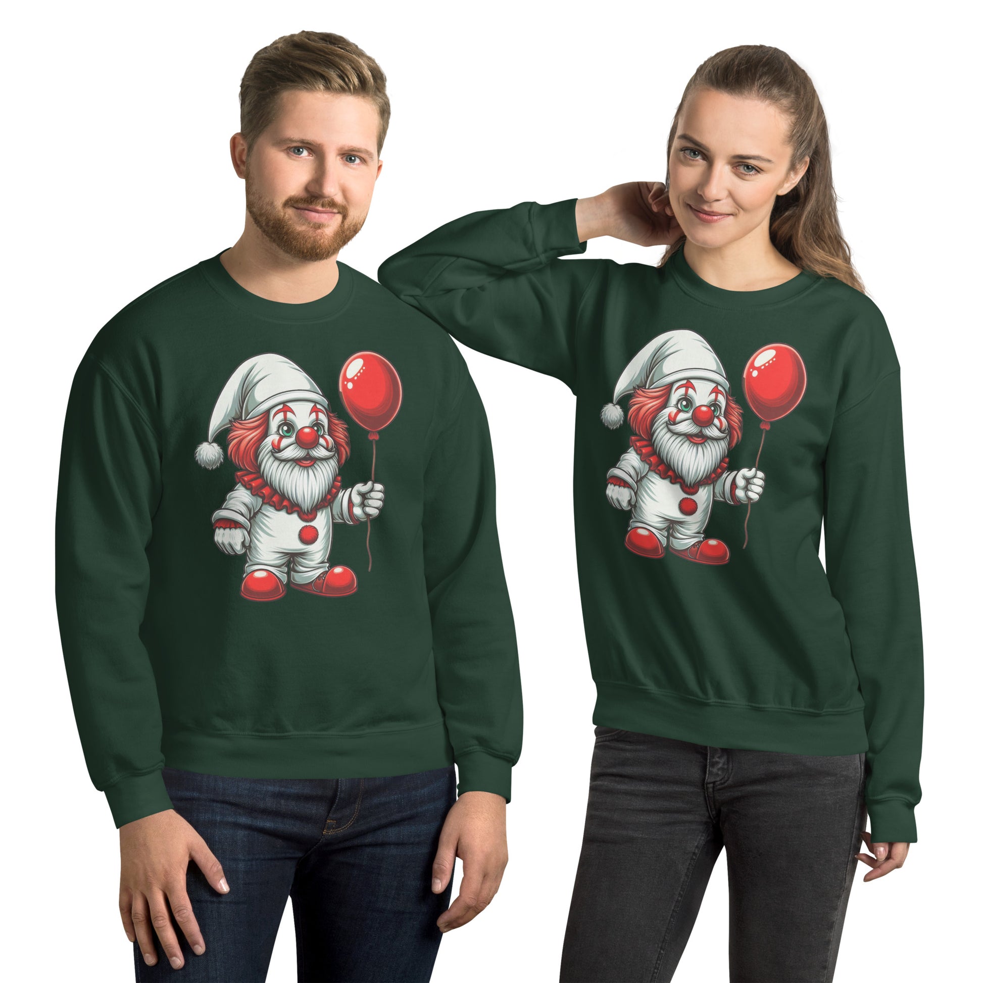 Scary Gnome with Red Balloon Sweatshirt Color: Forest Green