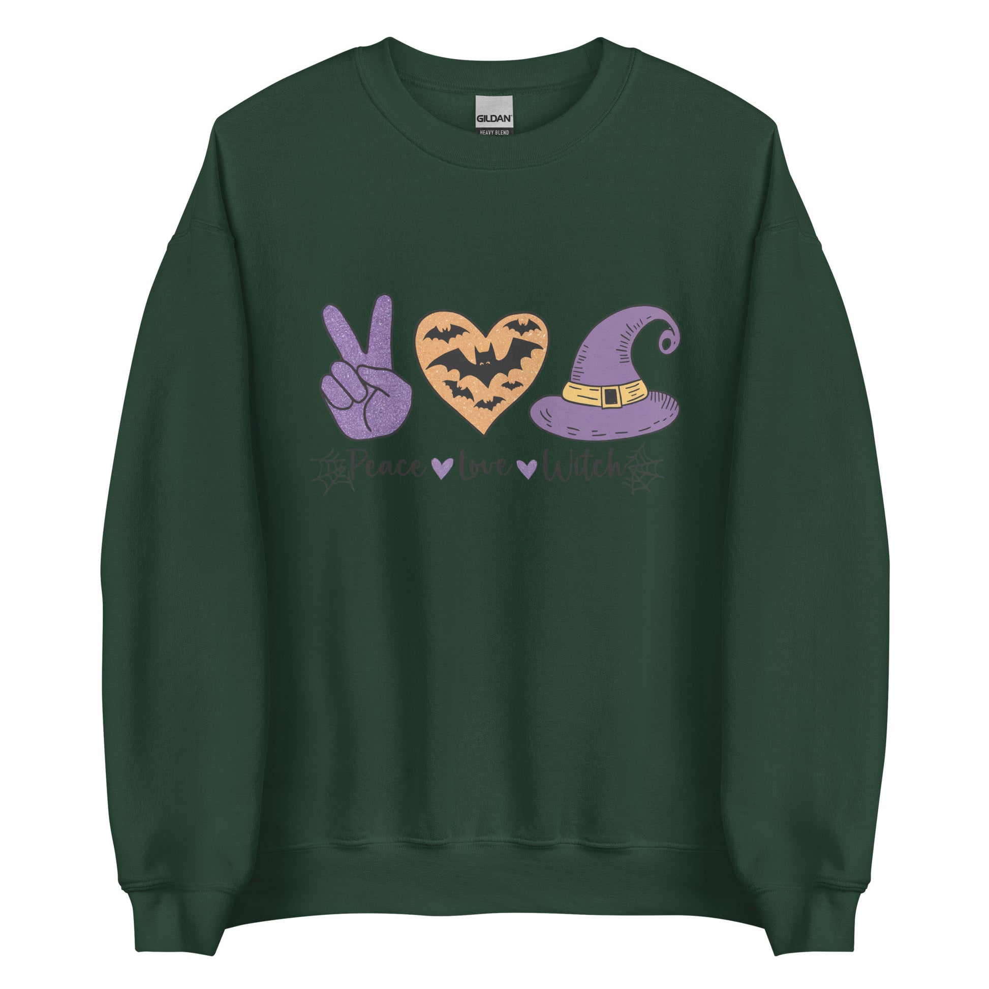 Peace Love Witch Sweatshirt (Halloween Witch) Color: Forest Green