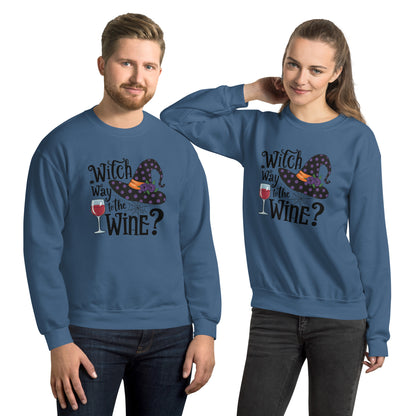 Witch Way To The Wine Sweatshirt (Halloween Witch) Color: Indigo Blue