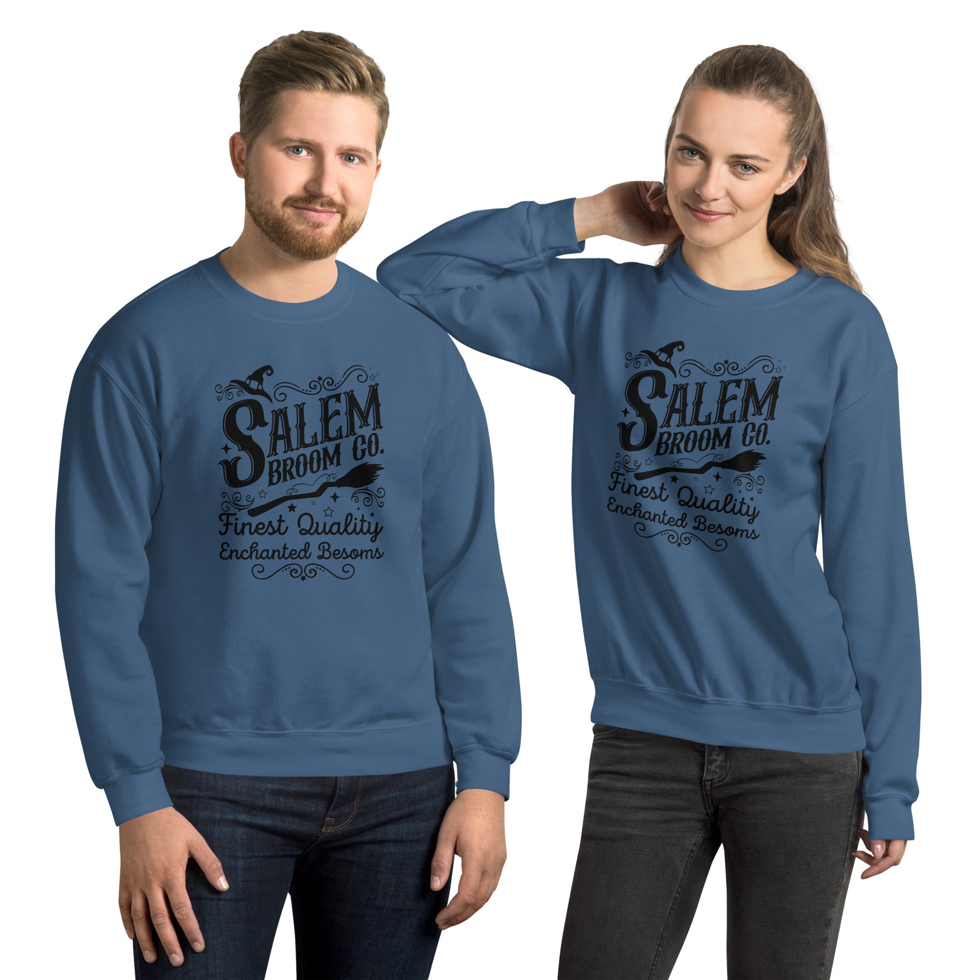 Salem Broom Co Finest Quality Enchanted Besoms (Halloween) Sweatshirt Color: Indigo Blue