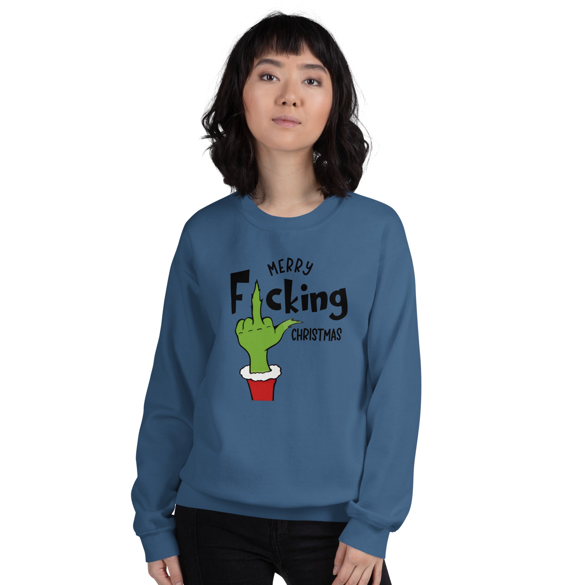 Merry F*cking Christmas grumpy Middle Finger Sweatshirt - Color: Royal - Sweatshirt Gildan 18000