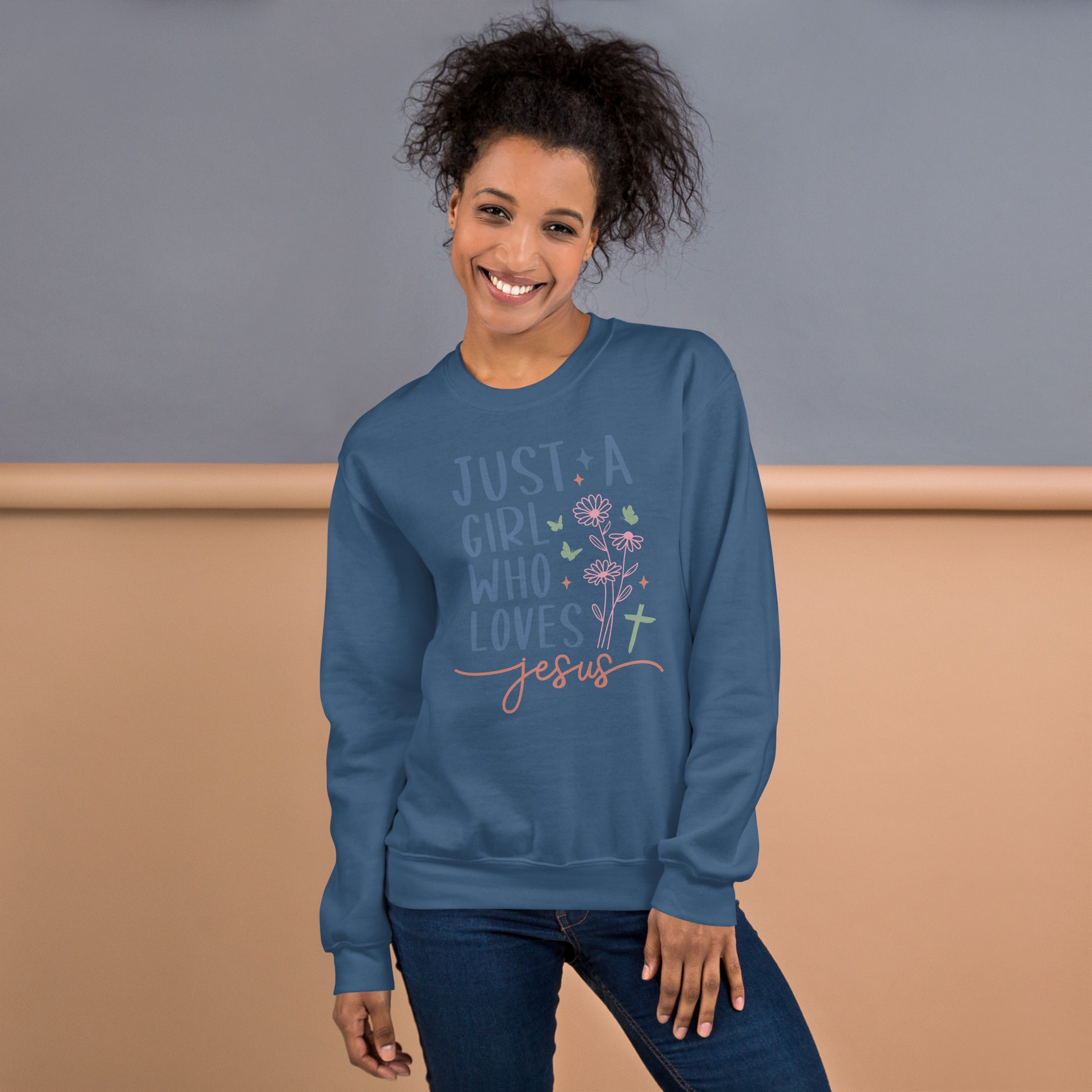 Just A Girl Who Loves Jesus Sweatshirt - Color: Indigo Blue