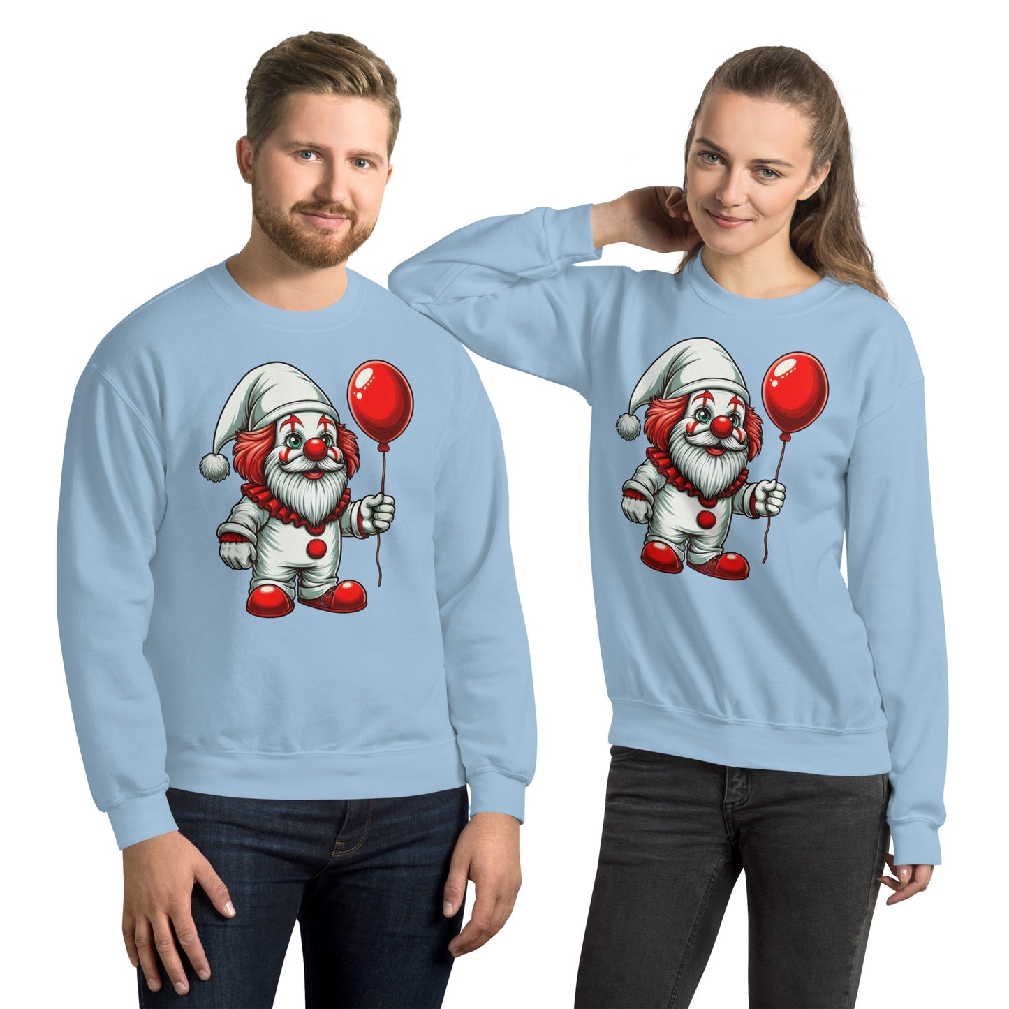 Scary Gnome with Red Balloon Sweatshirt Color: Light Blue