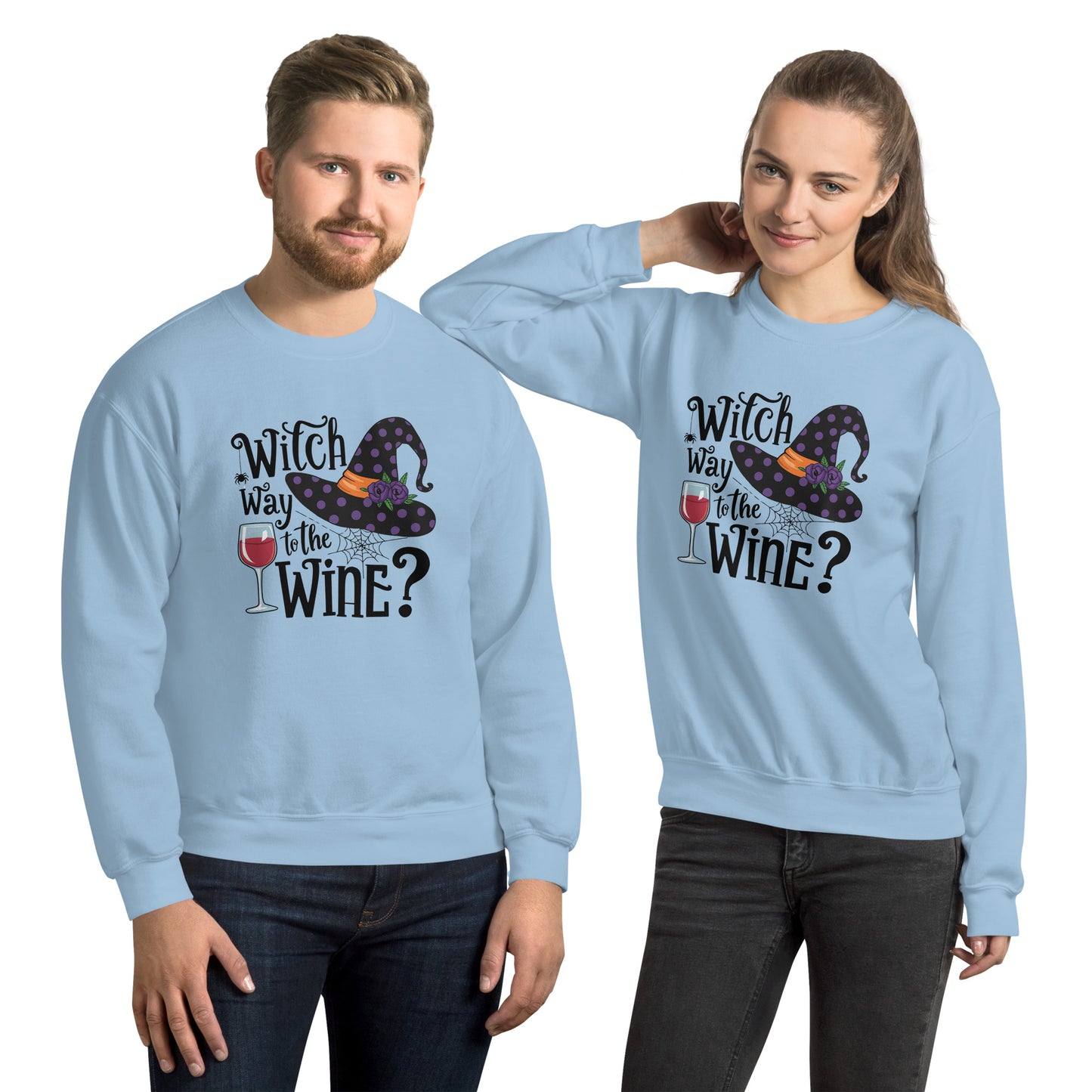 Witch Way To The Wine Sweatshirt (Halloween Witch) Color: Light Blue