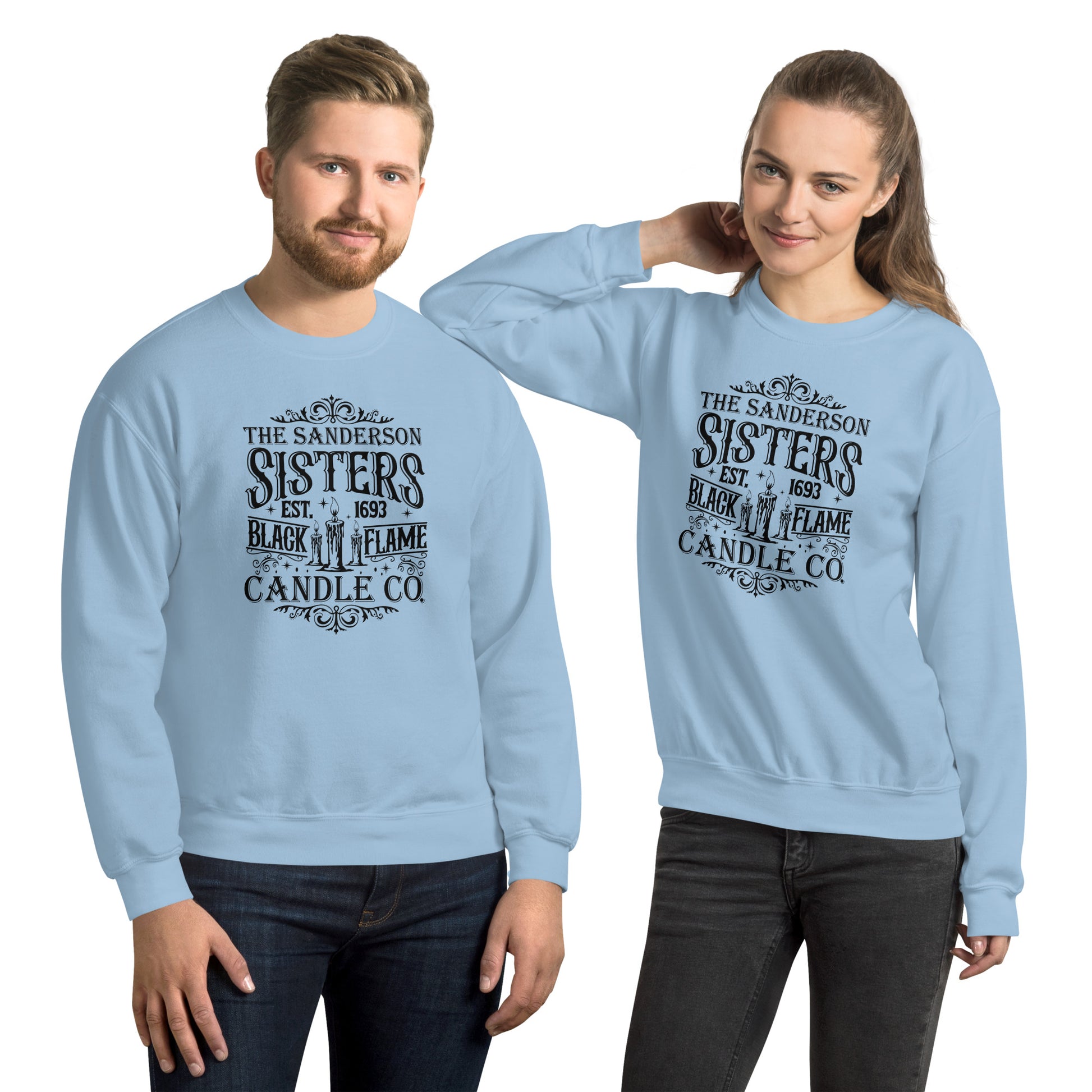 The Sanderson Sisters Black Flame Candle Co (Halloween) Sweatshirt Color: Light Blue