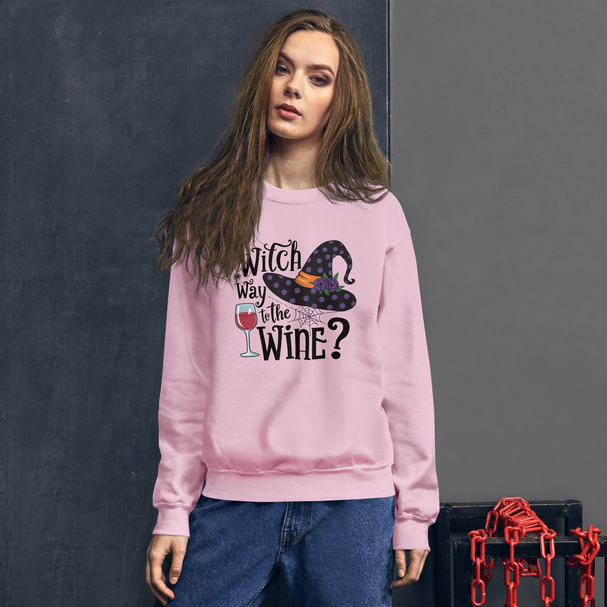 Witch Way To The Wine Sweatshirt (Halloween Witch) Color: Red