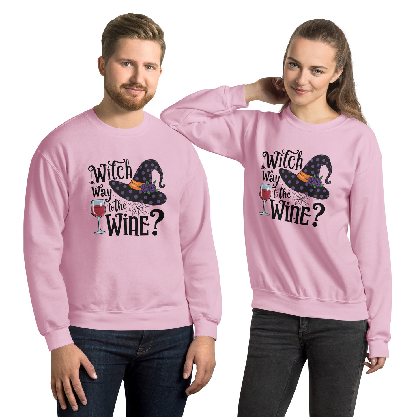 Witch Way To The Wine Sweatshirt (Halloween Witch) Color: Light Pink