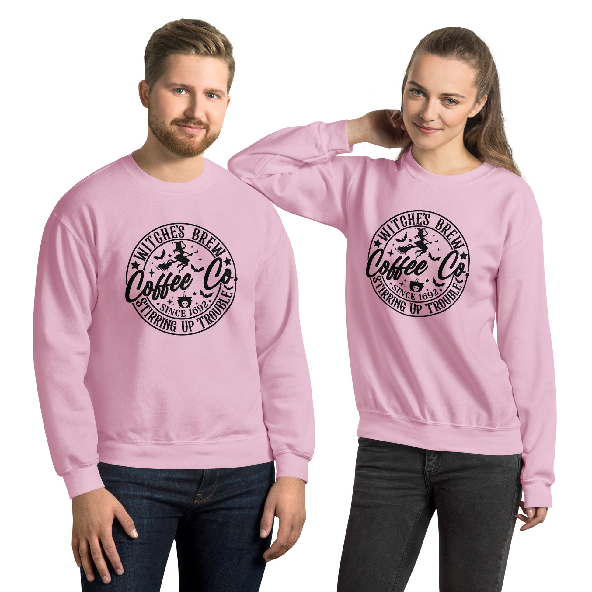 Witches Brew Coffee Co Stirring Up Trouble (Halloween) Sweatshirt Color: Light Pink