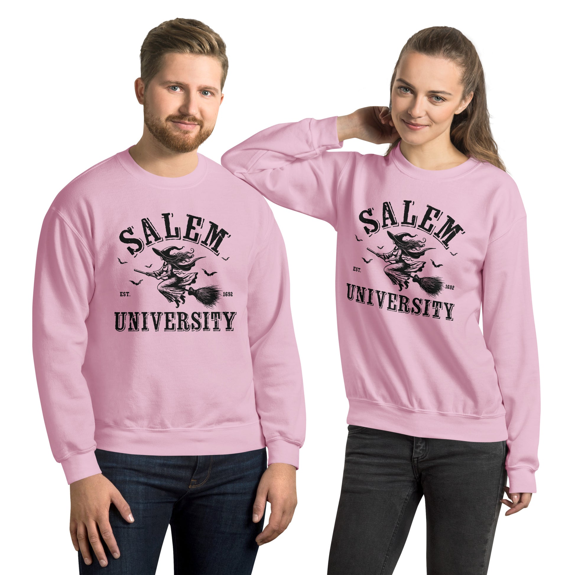 Salem University Sweatshirt (Halloween Witch Riding Broom) Color: Light Pink