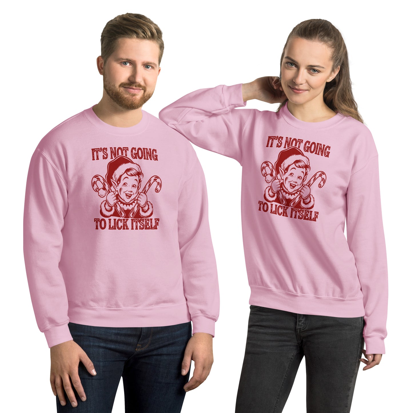 It's Not Going To Lick Itself (Naughty Christmas Elf) Sweatshirt - Color: Light Pink