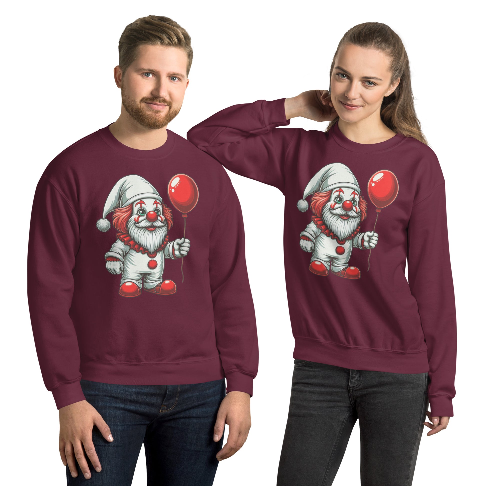 Scary Gnome with Red Balloon Sweatshirt Color: Maroon