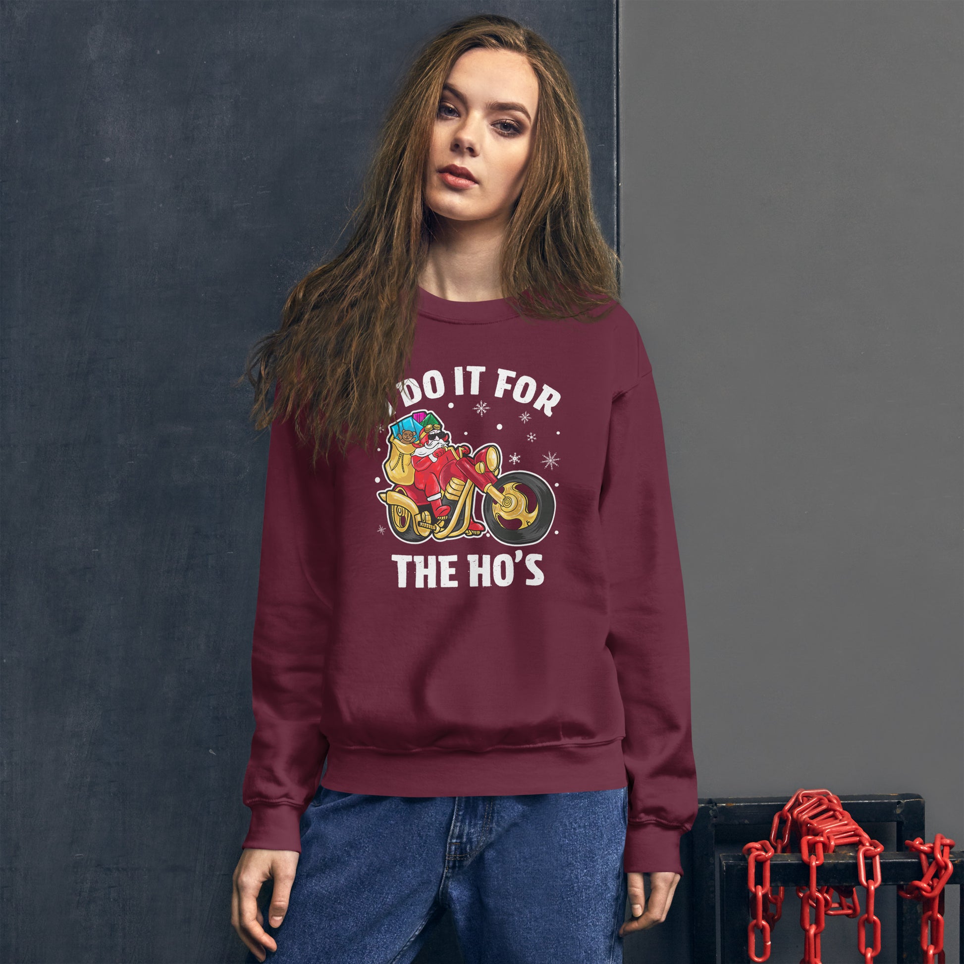 I Do It For The Ho's Sweatshirt - Christmas Biker Santa Riding Motorcycle - Color: Black