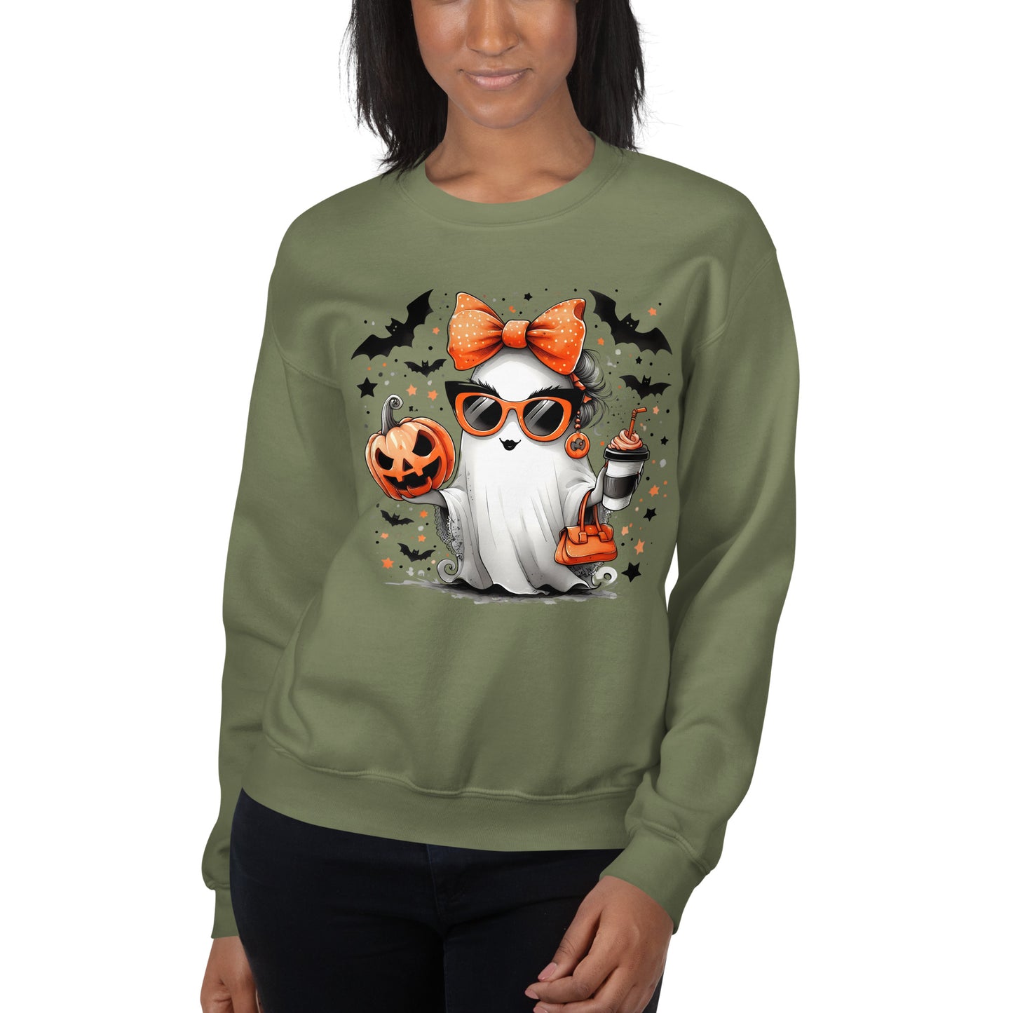 Cute Halloween Mom Ghost Sweatshirt Color: Military Green