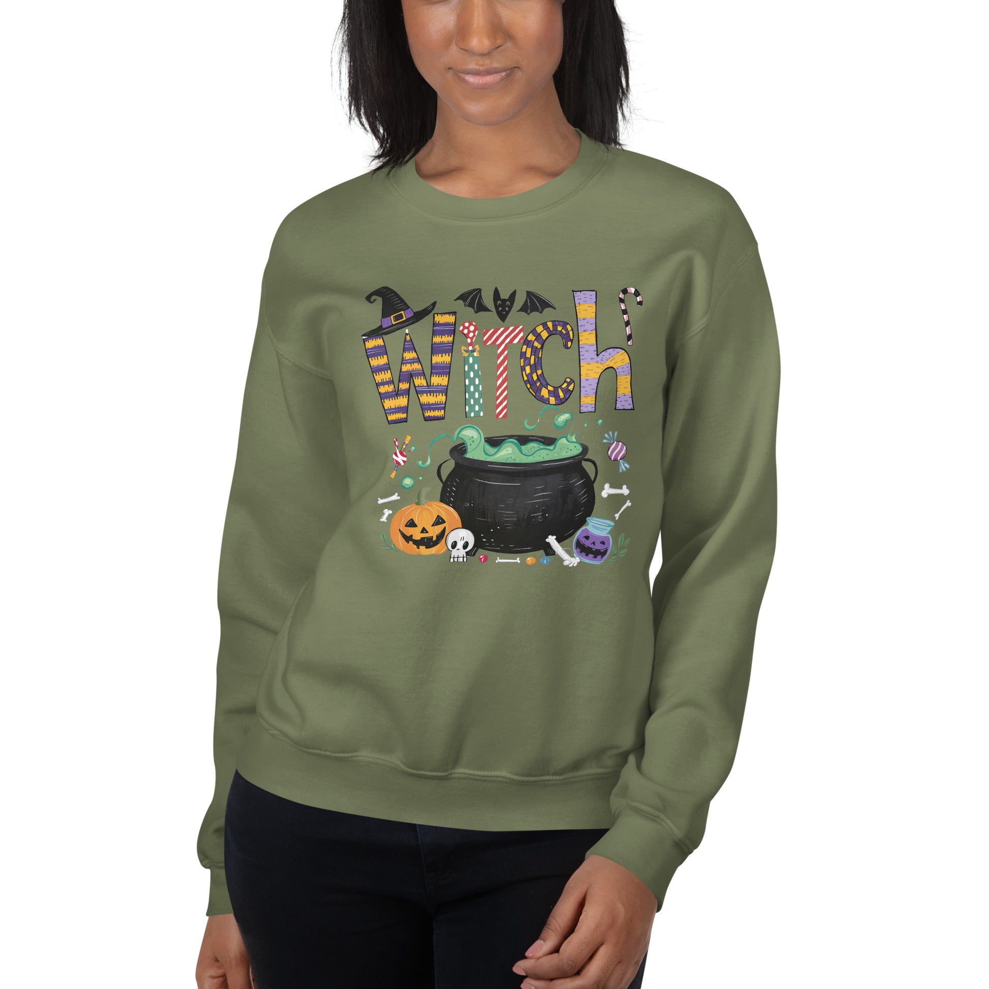 Witch (Halloween Witch) Sweatshirt Color: Military Green