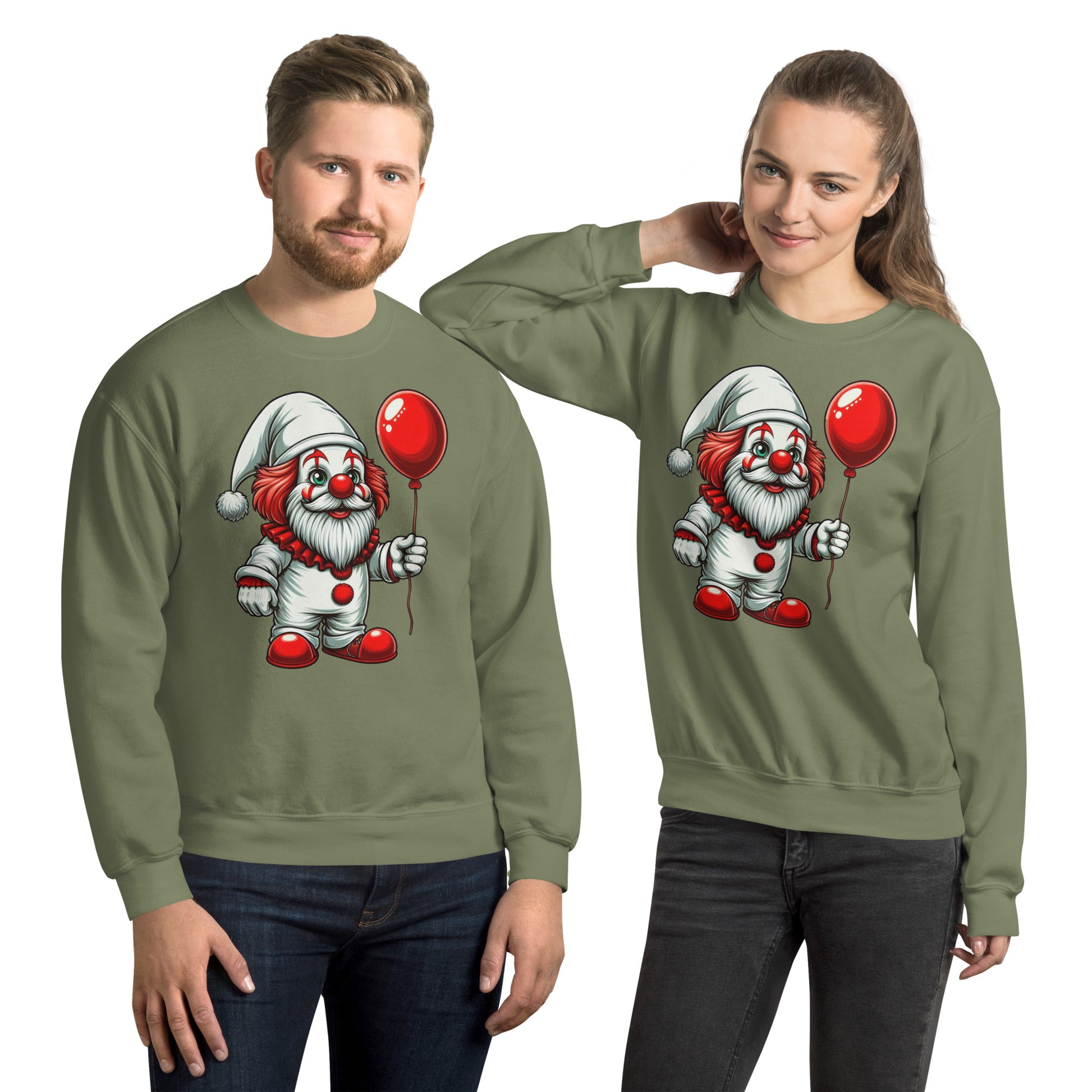 Scary Gnome with Red Balloon Sweatshirt Color: Military Green