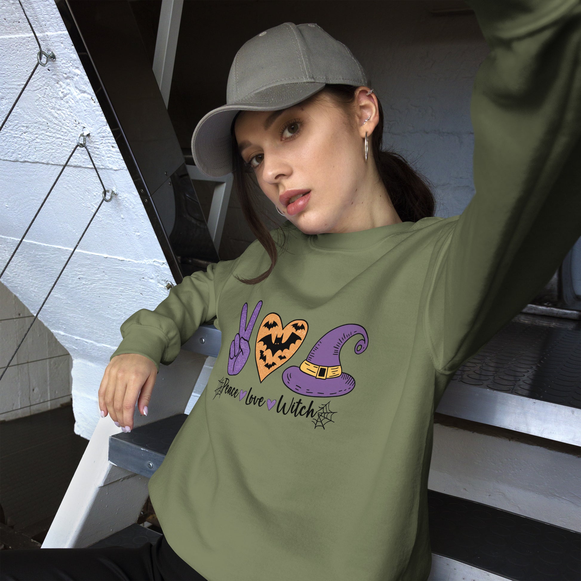 Peace Love Witch Sweatshirt (Halloween Witch) Color: Forest Green