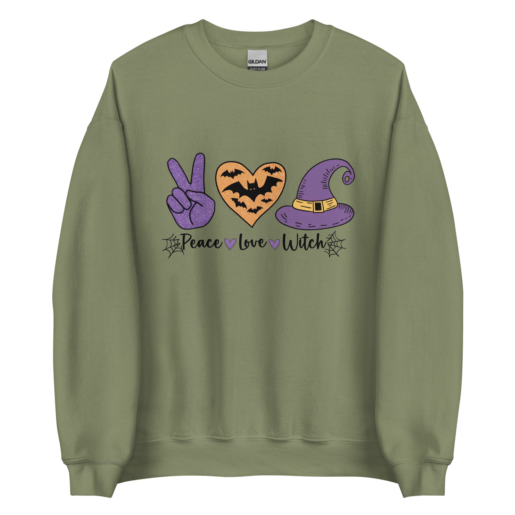 Peace Love Witch Sweatshirt (Halloween Witch) Color: Military Green