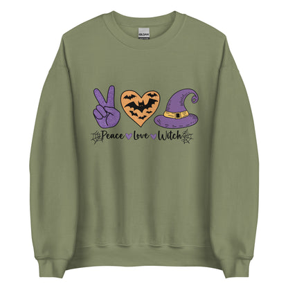 Peace Love Witch Sweatshirt (Halloween Witch) Color: Military Green