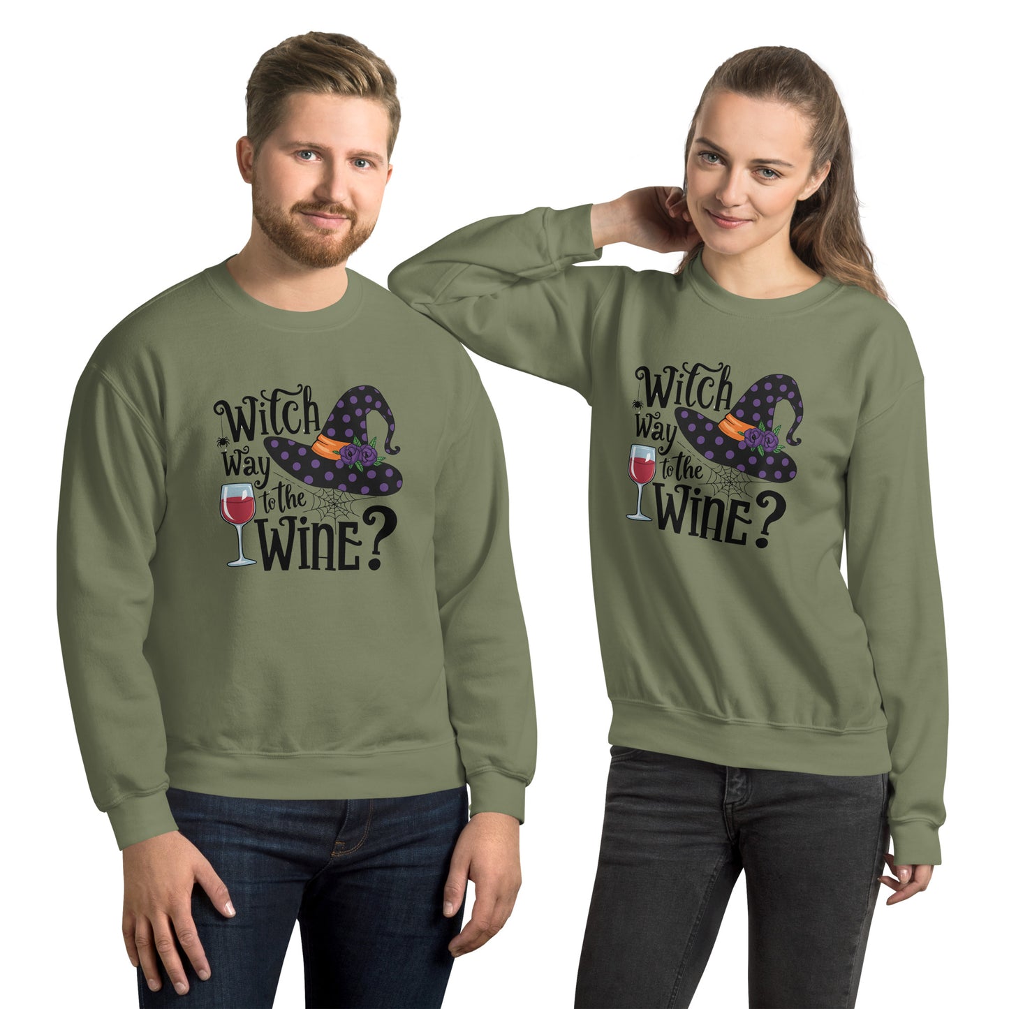 Witch Way To The Wine Sweatshirt (Halloween Witch) Color: Military Green