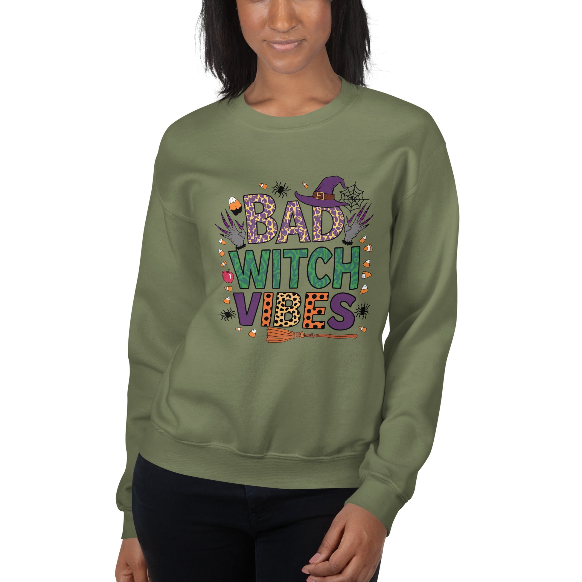 Bad Witch Vibes Sweatshirt (Halloween Witch) Color: Military Green