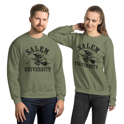 Salem University Sweatshirt (Halloween Witch Riding Broom) Color: Military Green