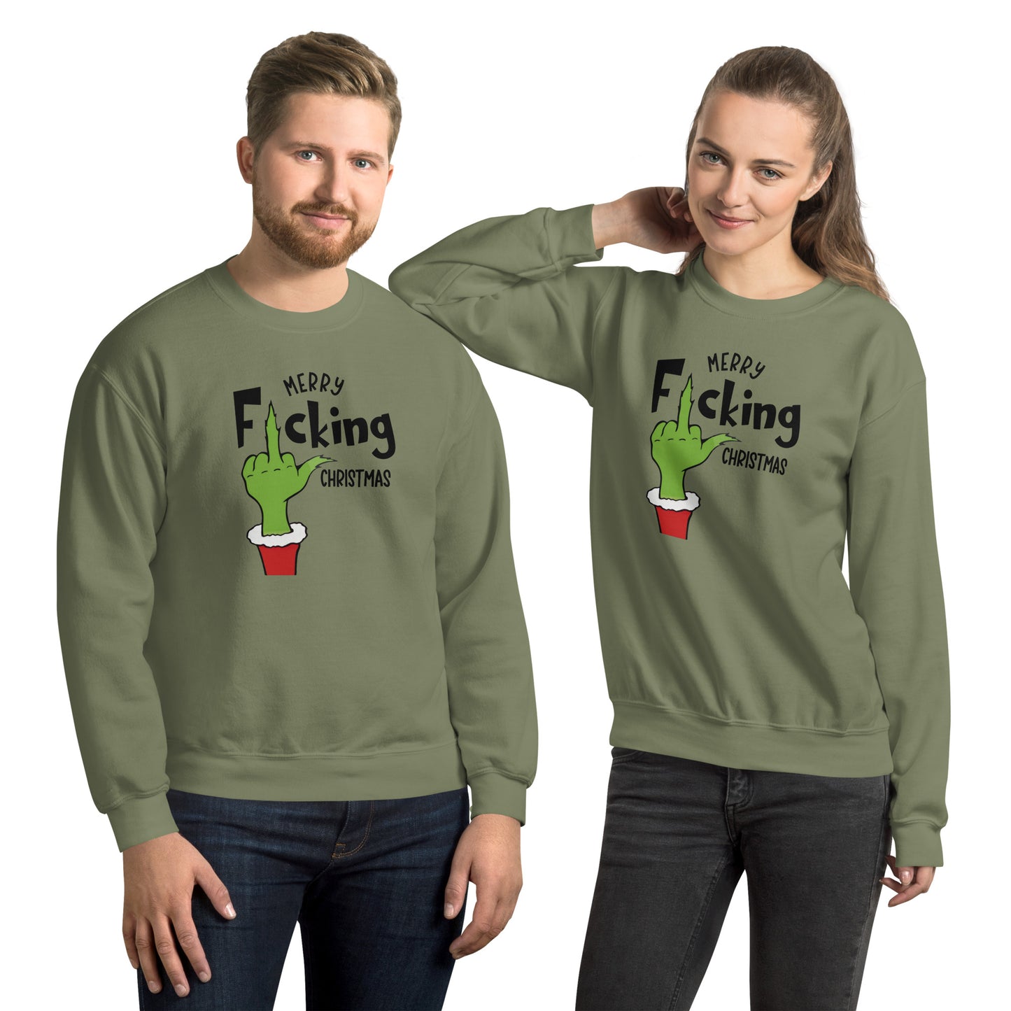 Merry F*cking Christmas grumpy Middle Finger Sweatshirt - Color: Military Green