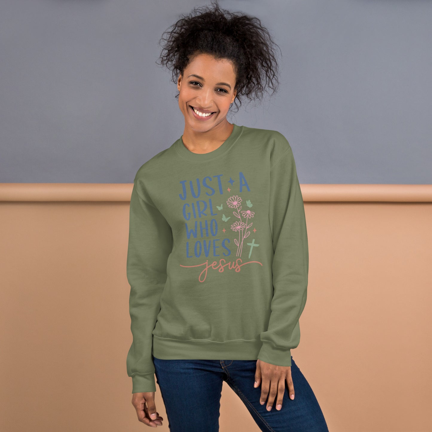 Just A Girl Who Loves Jesus Sweatshirt - Color: Military Green