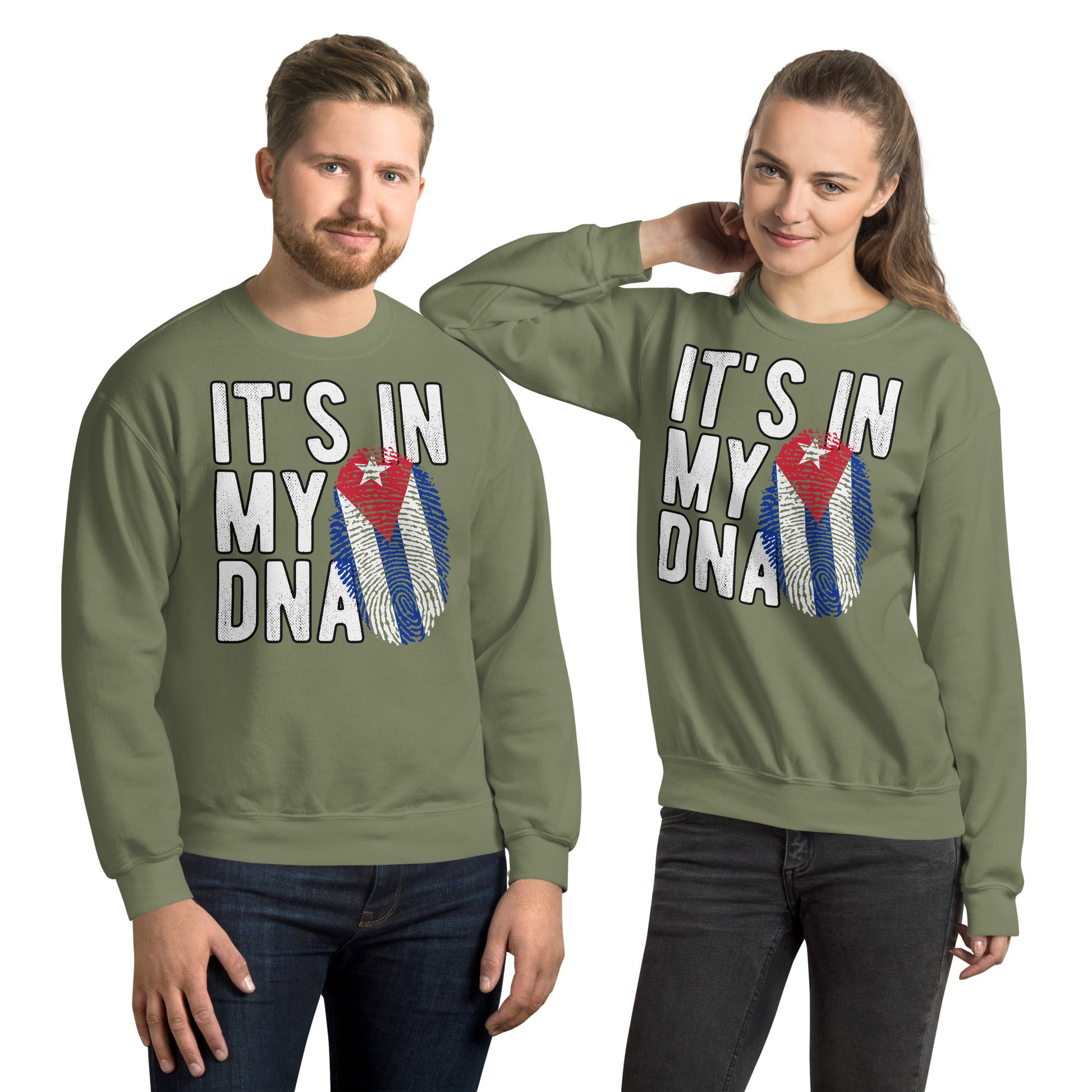 Cuban DNA Sweatshirt – Fingerprint Flag Design Color: Military Green
