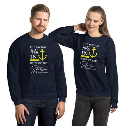 The Anchor Holds in Spite of the Storm (Hebrews 6:19) Sweatshirt Color: Navy