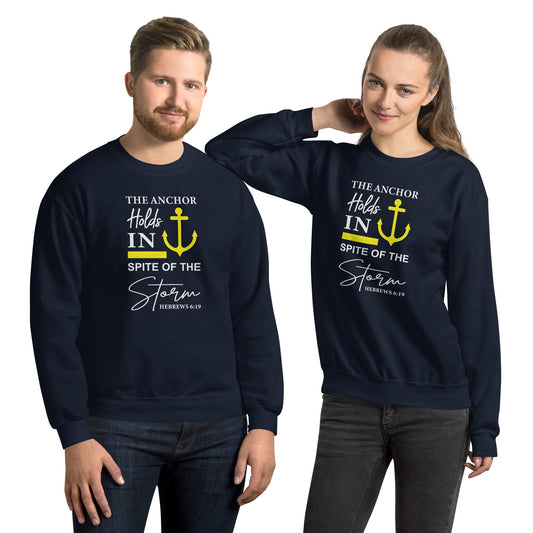 The Anchor Holds in Spite of the Storm (Hebrews 6:19) Sweatshirt - Color: Navy