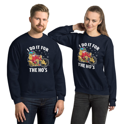 I Do It For The Ho's Sweatshirt - Christmas Biker Santa Riding Motorcycle - Color: Black