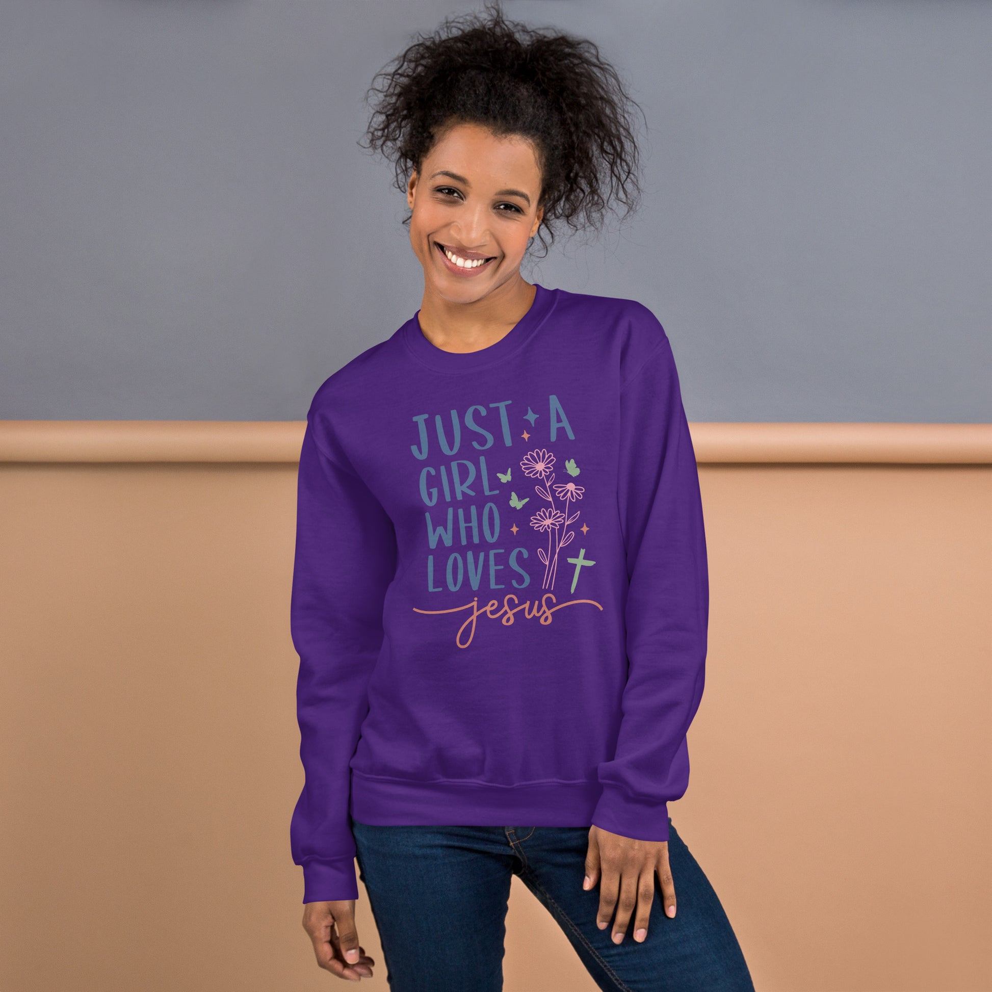 Just A Girl Who Loves Jesus Sweatshirt - Color: Purple