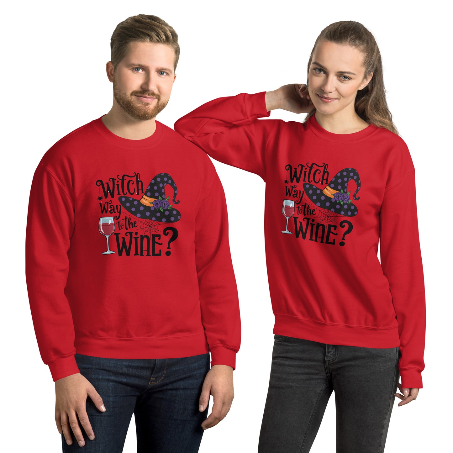 Witch Way To The Wine Sweatshirt (Halloween Witch) Color: Red