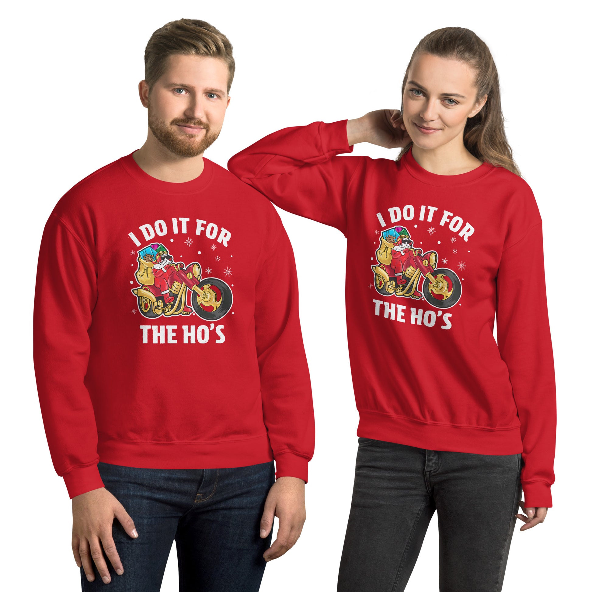 I Do It For The Ho's Sweatshirt - Christmas Biker Santa Riding Motorcycle - Color: Black