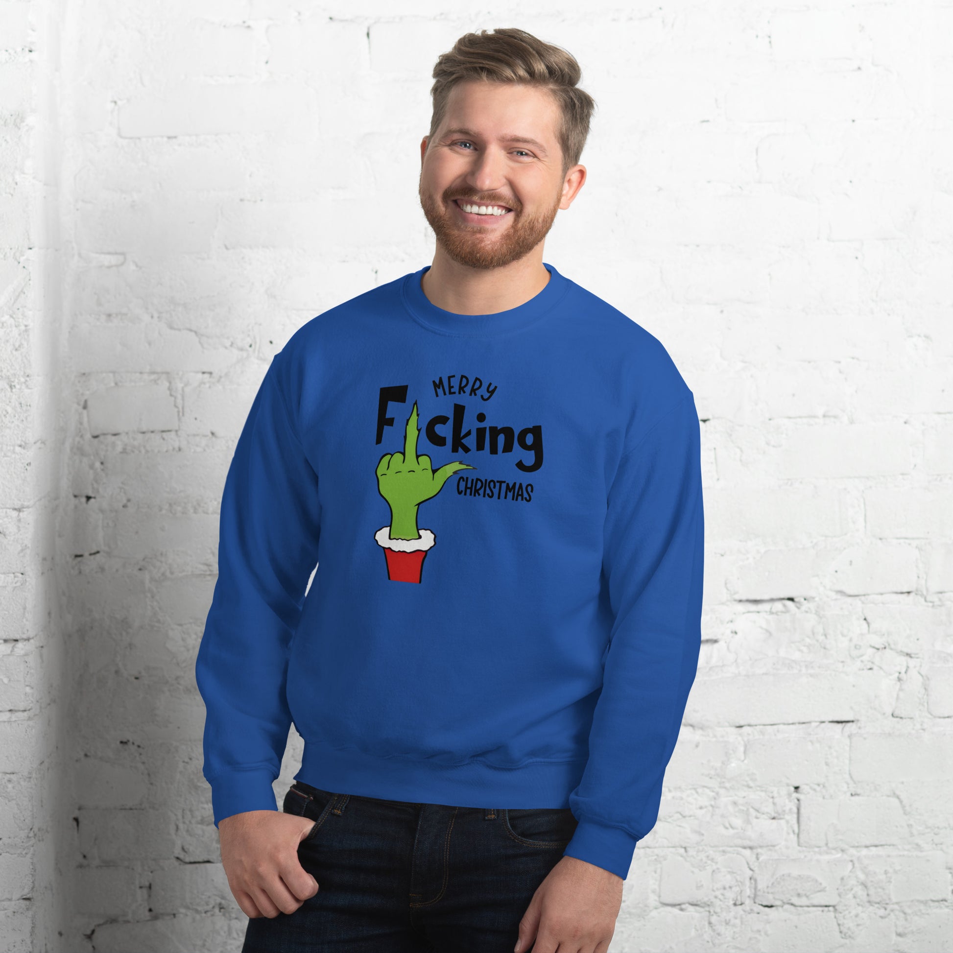 Merry F*cking Christmas grumpy Middle Finger Sweatshirt - Color: Royal - Sweatshirt Gildan 18000