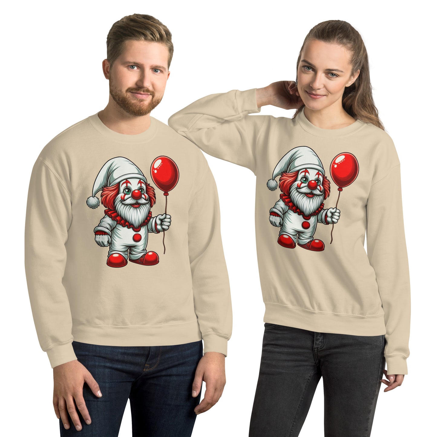 Scary Gnome with Red Balloon Sweatshirt Color: Sand