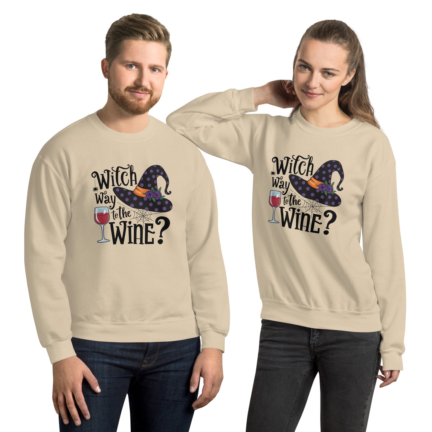 Witch Way To The Wine Sweatshirt (Halloween Witch) Color: Sand