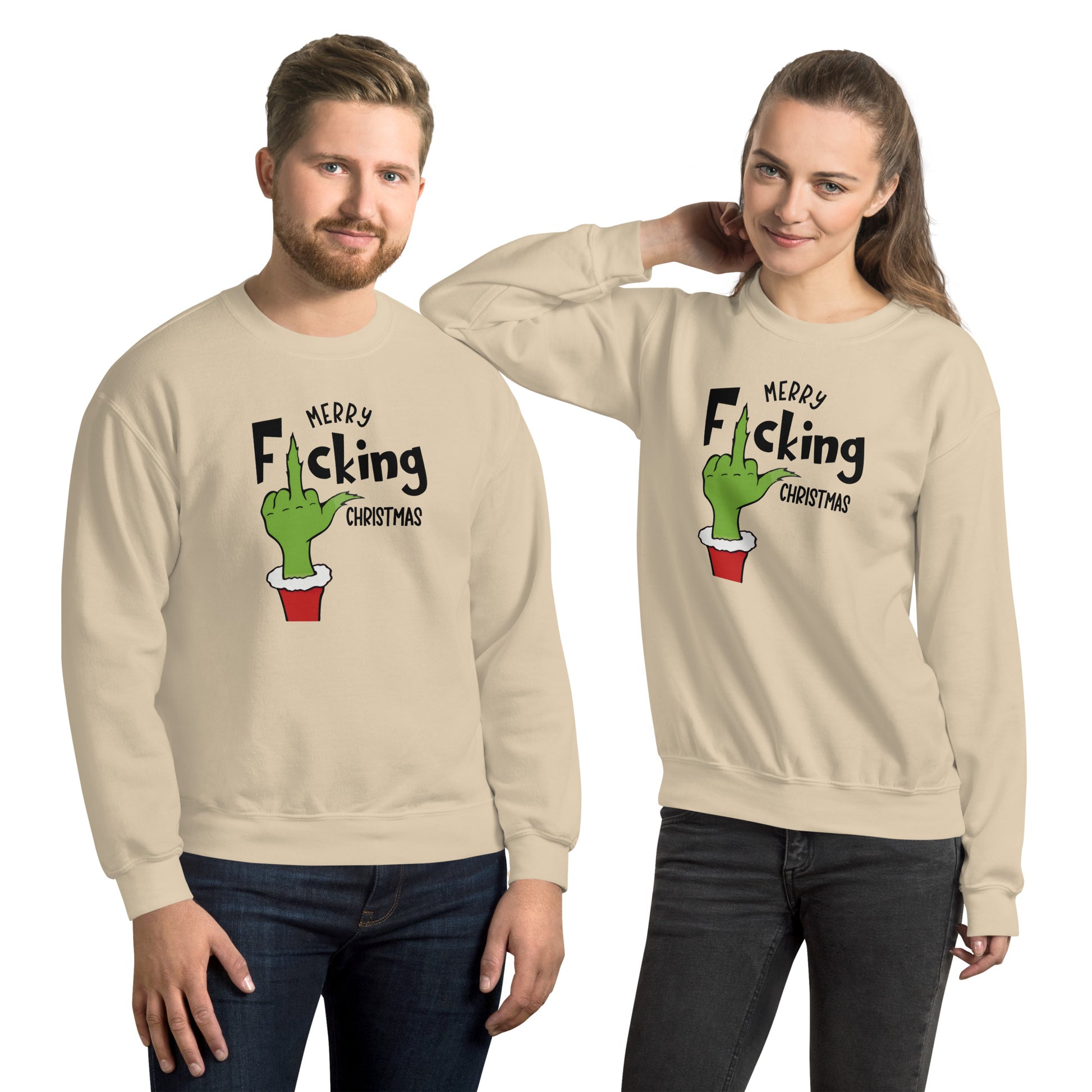 Merry F*cking Christmas grumpy Middle Finger Sweatshirt - Color: Sand