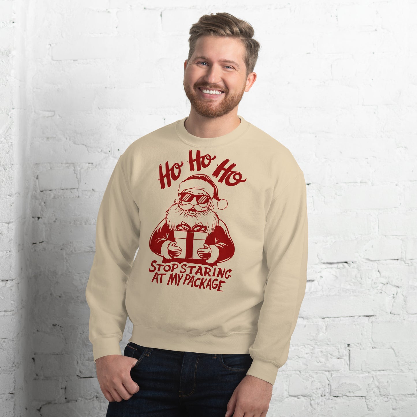 Ho Ho Ho Stop Staring At My Package (Funny Santa) Sweatshirt - Color: Sand