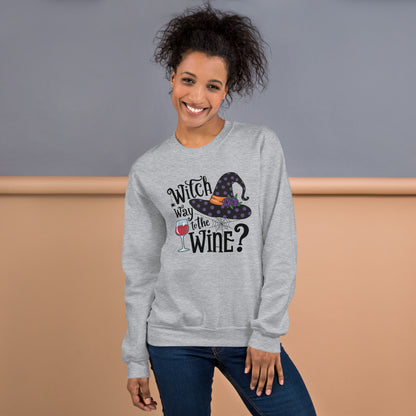 Witch Way To The Wine Sweatshirt (Halloween Witch) Color: Red