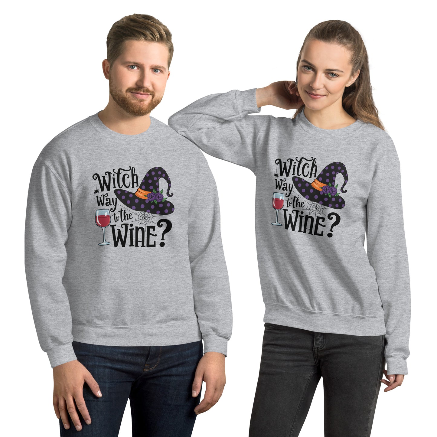 Witch Way To The Wine Sweatshirt (Halloween Witch) Color: Sport Grey