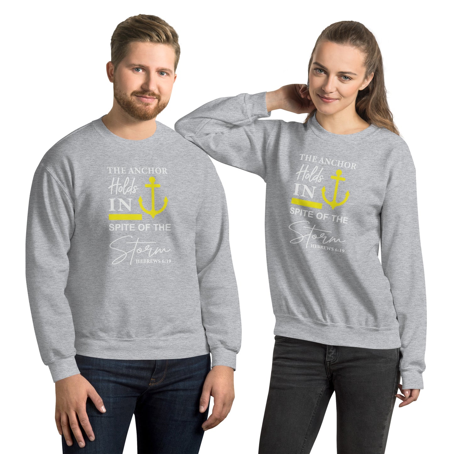 The Anchor Holds in Spite of the Storm (Hebrews 6:19) Sweatshirt Color: Sport Grey