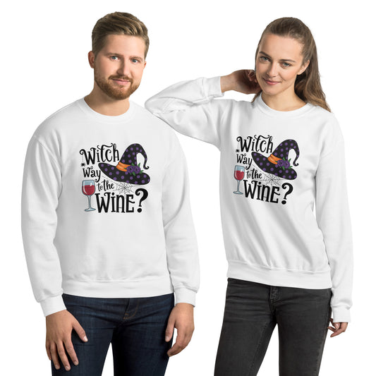 Witch Way To The Wine Sweatshirt (Halloween Witch) Color: White