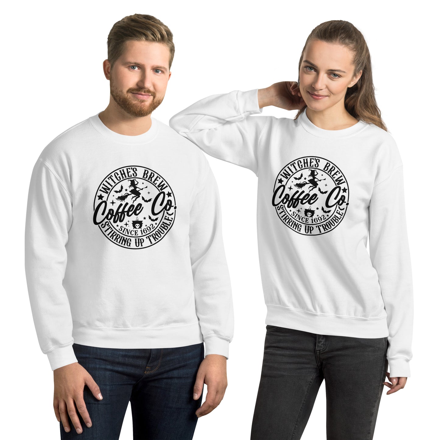 Witches Brew Coffee Co Stirring Up Trouble (Halloween) Sweatshirt Color: White