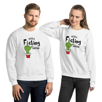 Merry F*cking Christmas grumpy Middle Finger Sweatshirt - Color: White - Sweatshirt Gildan 18000