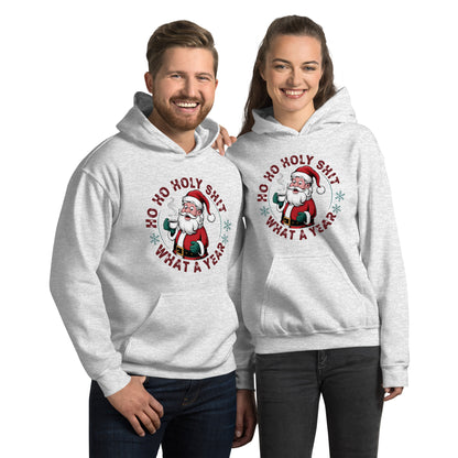 Ho Ho Holy Shit What A Year (Funny Christmas Santa) Hoodie - Color: Ash