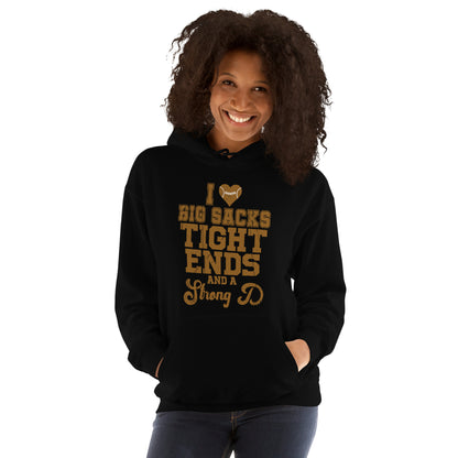 I Heart Big Sacks Tight Ends and A Strong D Hoodie (Football Season) - Color: Black