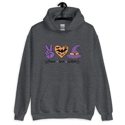 Peace Love Witch Hoodie (Halloween Witch) Color: Dark Heather