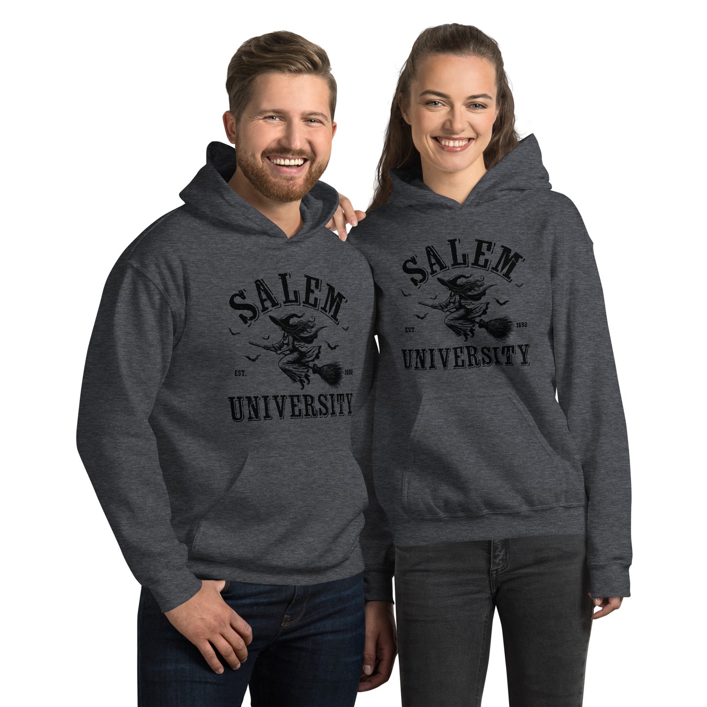 Salem University Hoodie (Halloween Witch Riding Broom) Color: Dark Heather