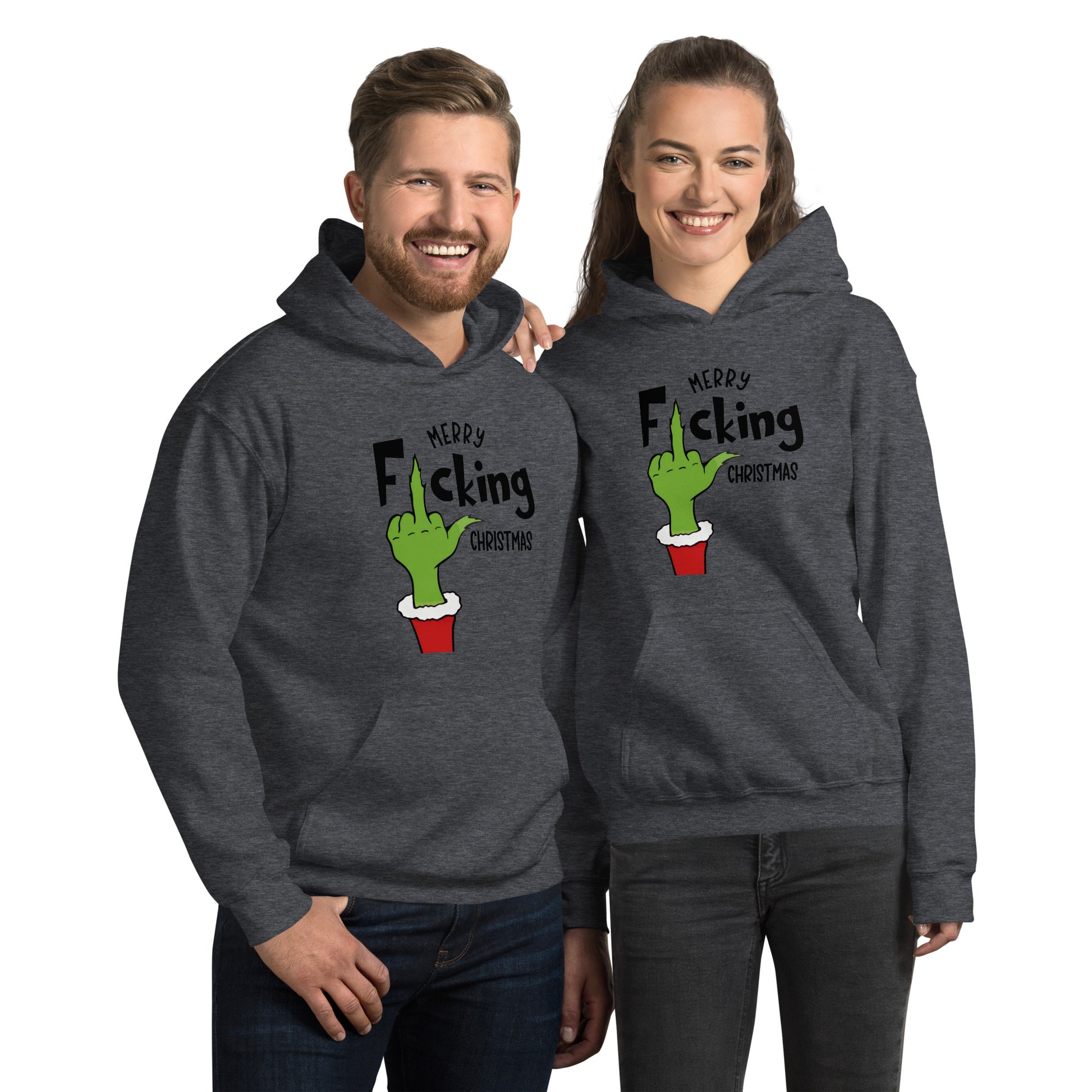 Merry F*cking Christmas Grumpy Middle Finger Hoodie - Color: Dark Heather - Unisex Hoodie Gildan 18500